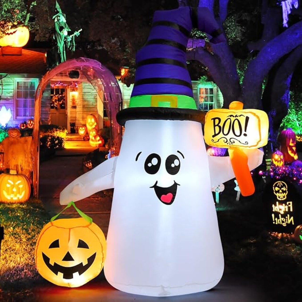 GOOSH 5FT Inflatable Halloween Cute Ghost with The Pumpkin and Built-in LEDs